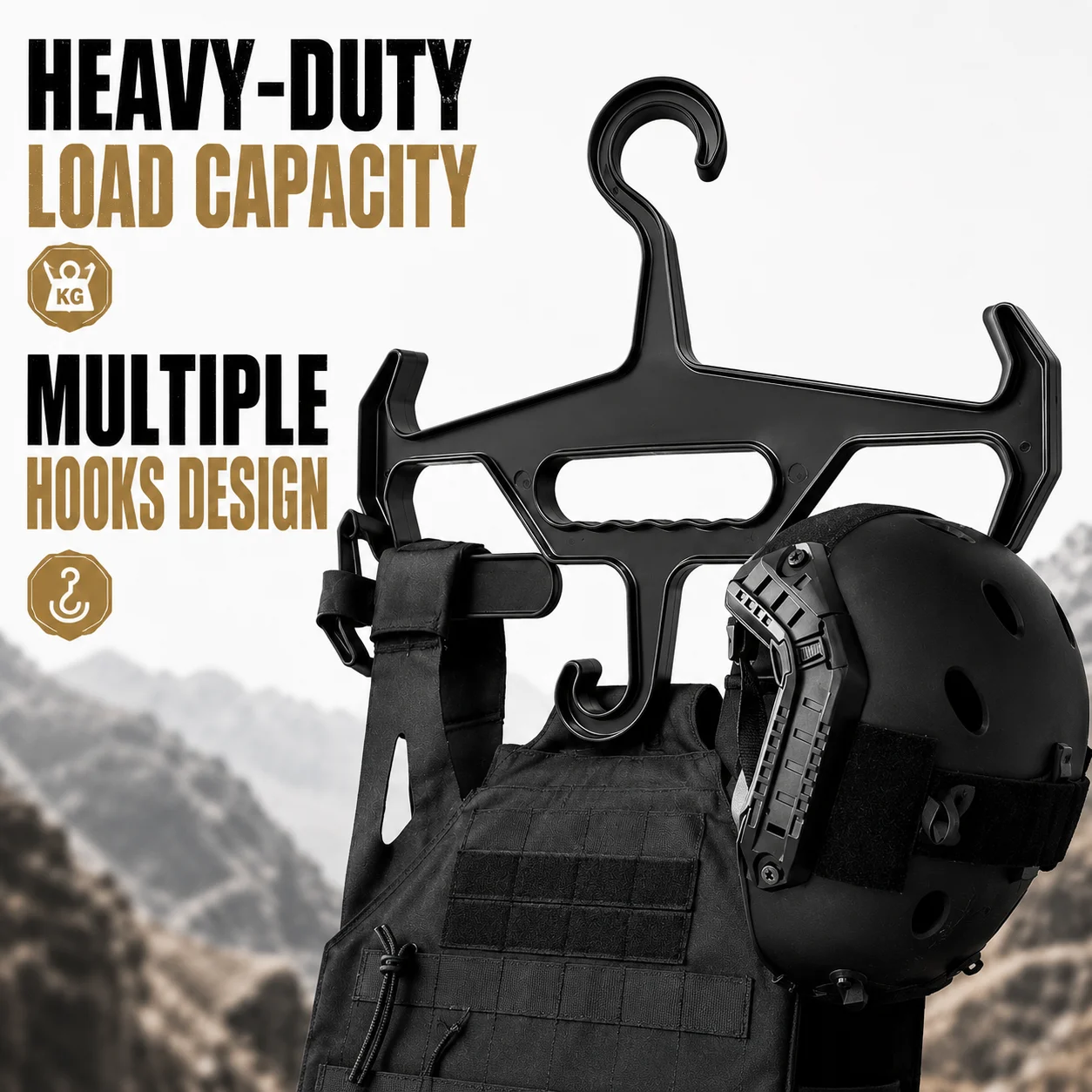 Heavy Duty Tactical Gear Hanger Durable Plastic Vest Wetsuit Helmet Display Rack with Multiple Hooks for Equipment Storage