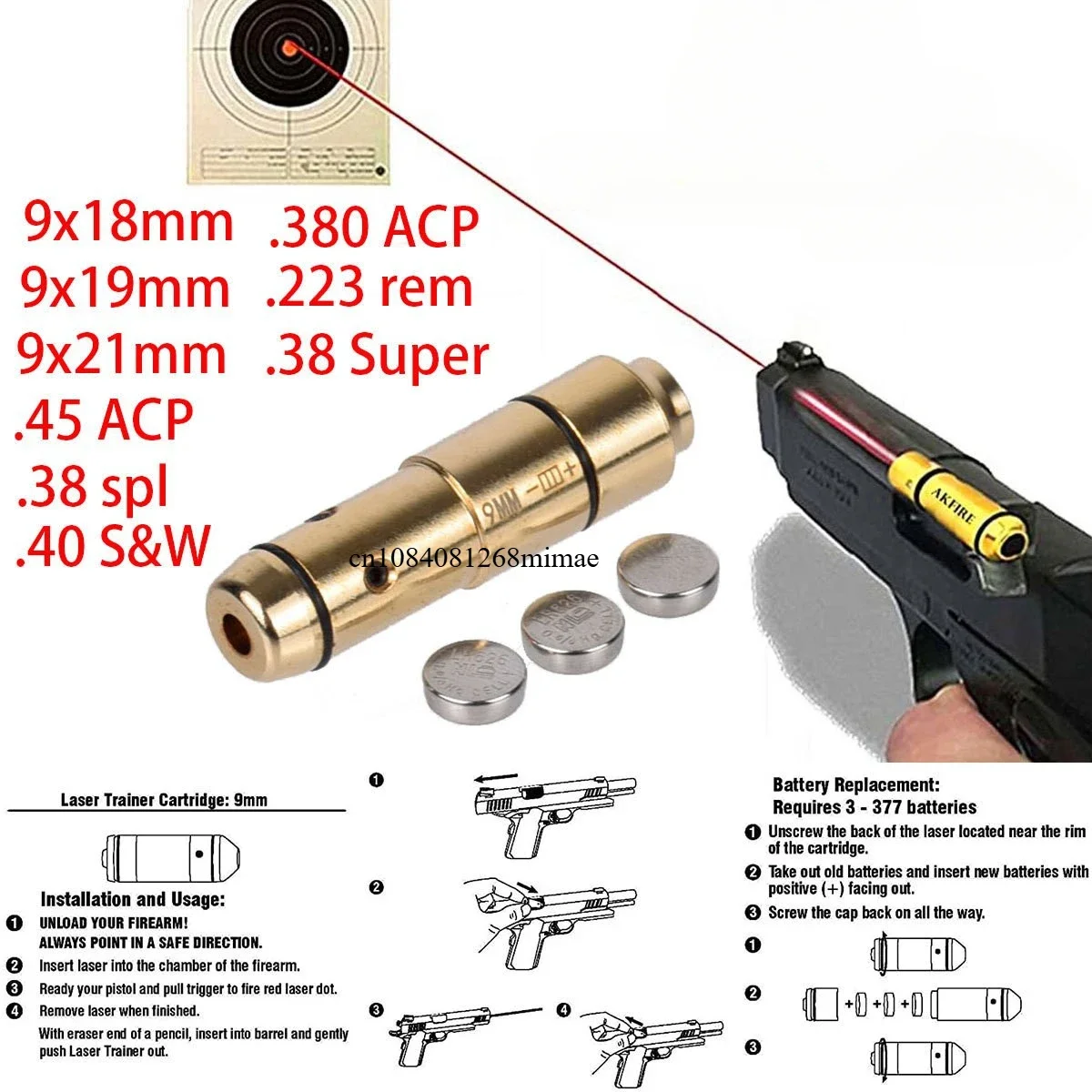 9x19mm Laser Training Bullet Bore Sight 2 in 1 Dual Purpose Pointer for Dry Fire Snap Caps for 9x18mm .223 223rem Caliber