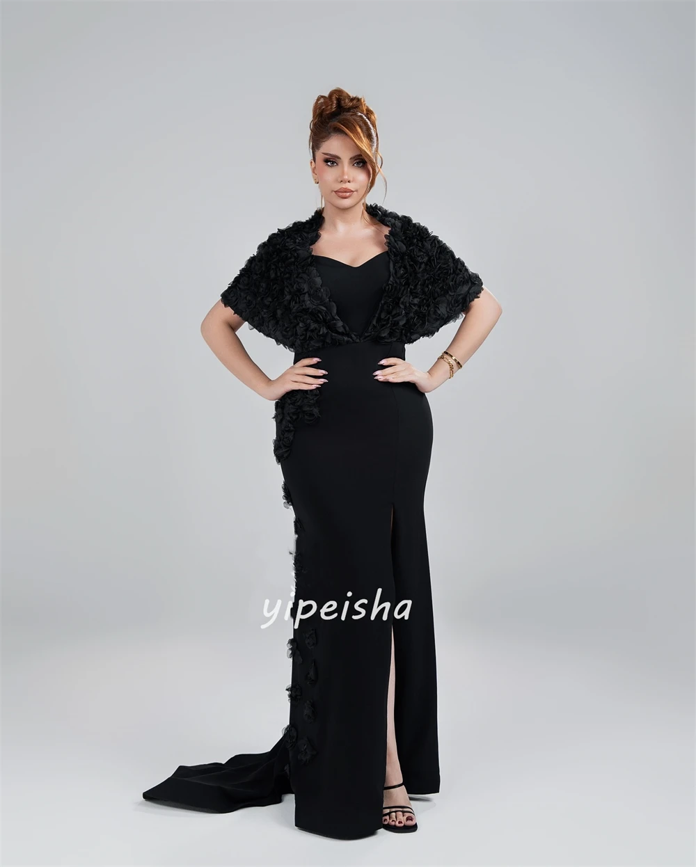 Maßgeschneiderte, hochwertige, modische Jersey-Kleider mit handgefertigten Blumenfalten, Meerjungfrau, schulterfrei, lange Kleider, maßgeschneiderte Anlasskleider, sexy