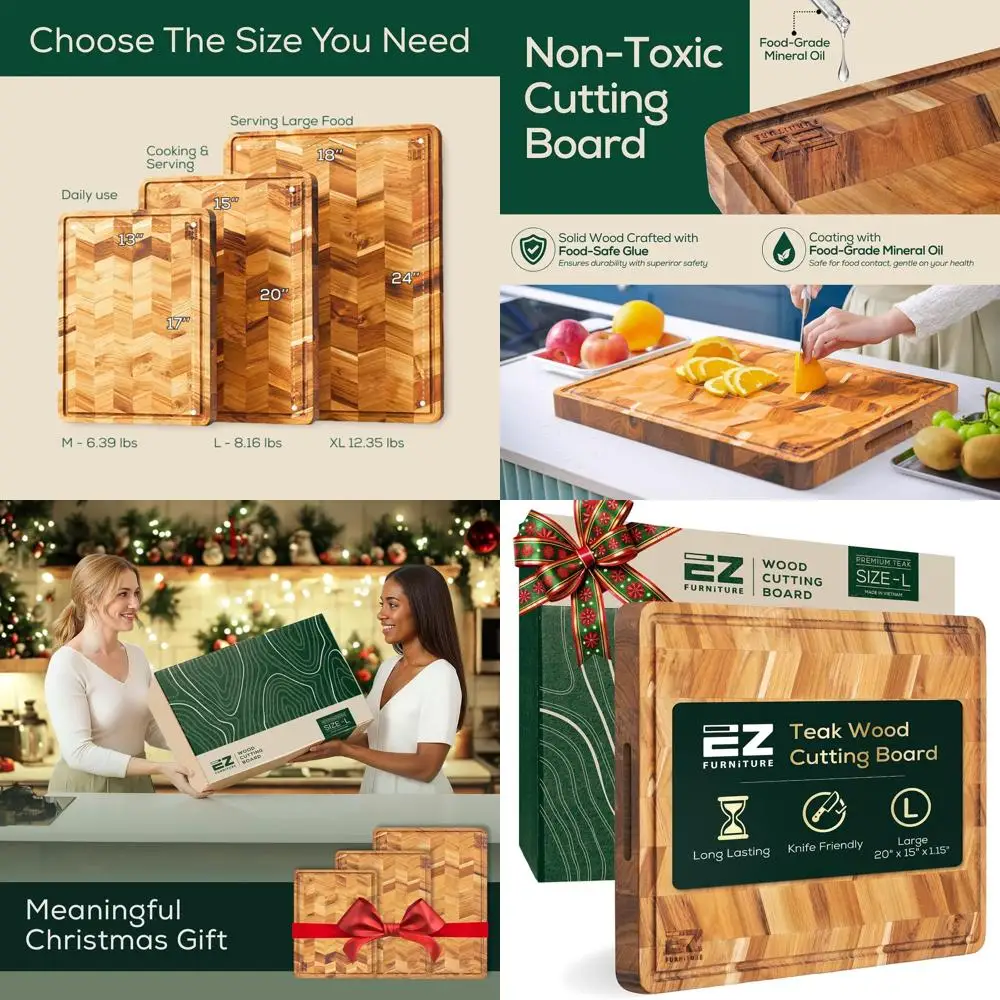 

Edge Grain Teak Cutting Board with Juice Groove and Handles, Knife-Friendly, Perfect for Chopping, 20L x 15W x 1.15Th