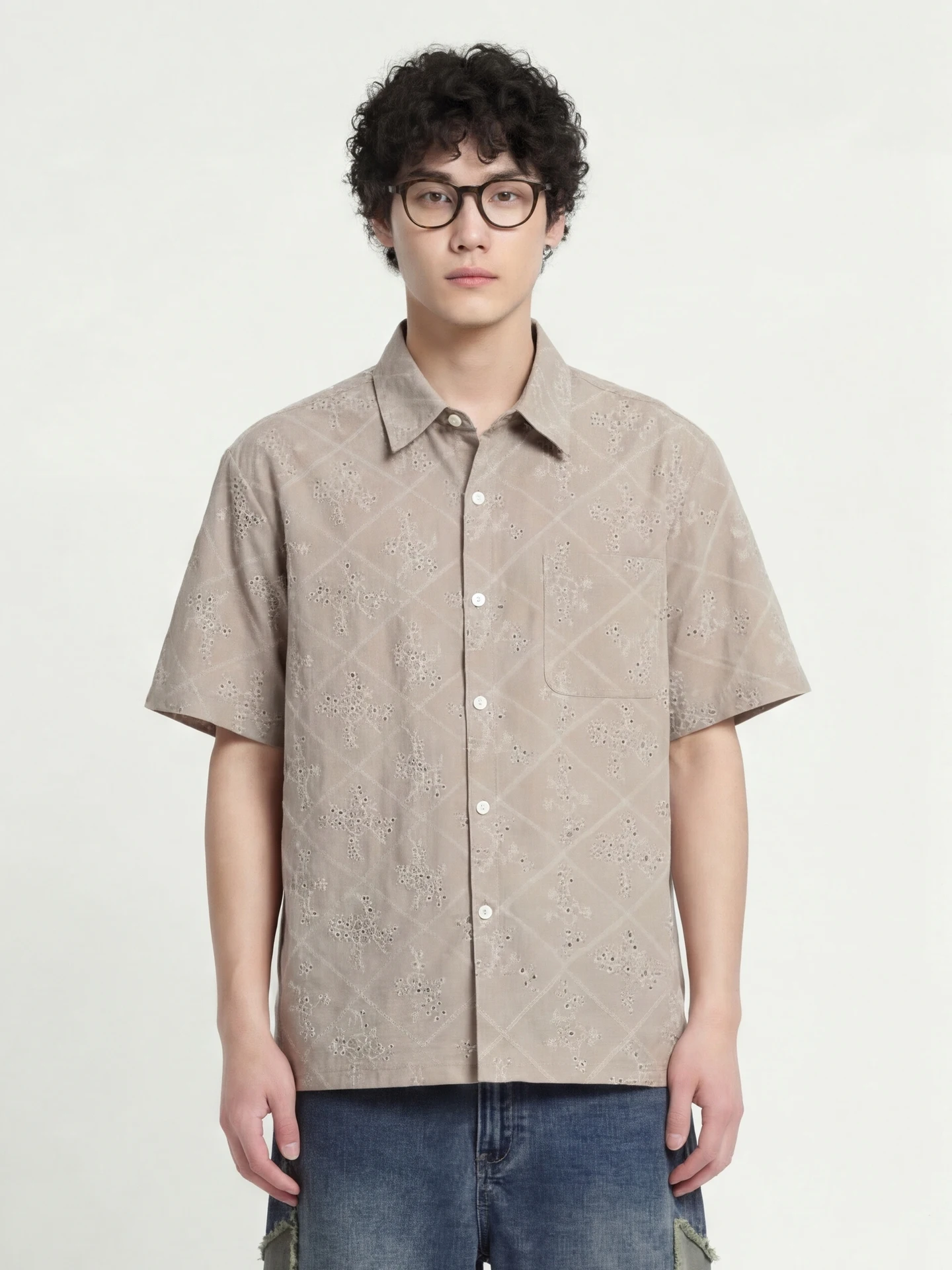 

i Color Single ket Embroidered Hollow out Loose ort Sve irt Collared Casual Sle for Men And Women
