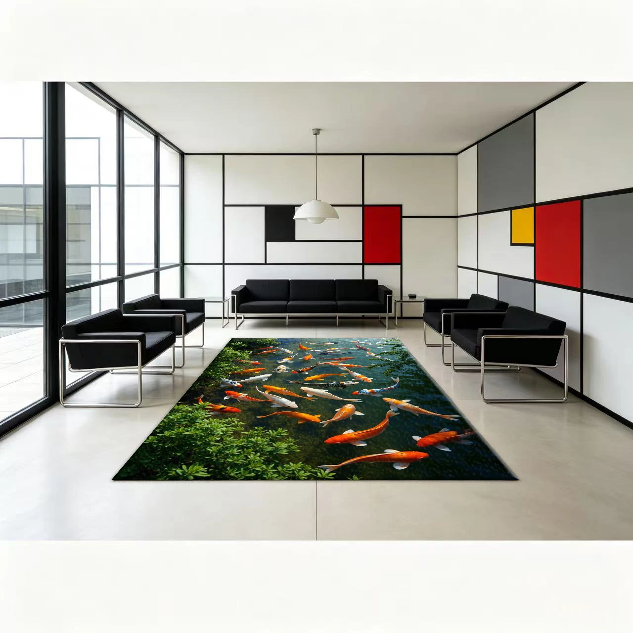 Colorful Koi Pond Overview Carpet Floor Mat, Lucky and Colorful Japanese Koi Fish Natural Scenery Floor Carpet Suitable for Home Room Decoration