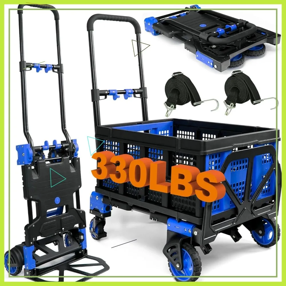 

2-in-1 Folding Hand Truck with Basket, Retractable Handle, 330LBS Capacity Heavy Duty Dolly Cart for Luggage Moving Travel