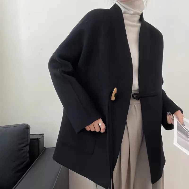 [EWQ] Brown Woolen Coat Black Overcoat  2024 Autumn Winter Lady Outwear Sweet Double-faced Cashmere jacket Thin Autumn 2024 New