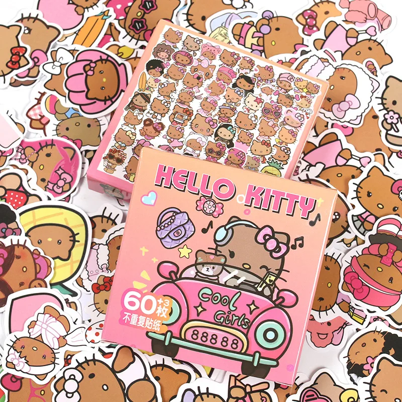 

New 60pcs Black Leather KT Cat Sticker Gift Box with Cute Cartoon Creative Account Decoration Waterproof DIY Toys