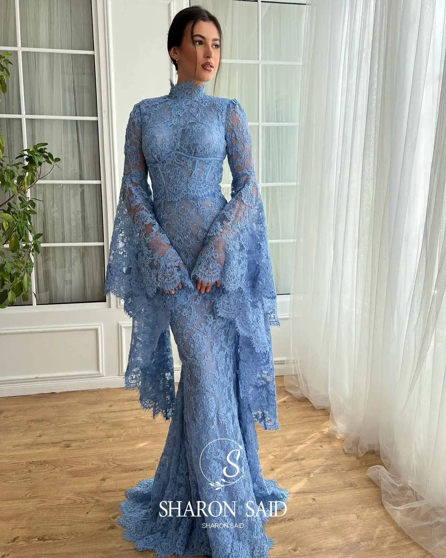 Sharon Said Dubai Blue Lace Mermaid Evening Dress with High Neck Flare Sleeve for Woman Wedding Prom Gown SF217 Customized