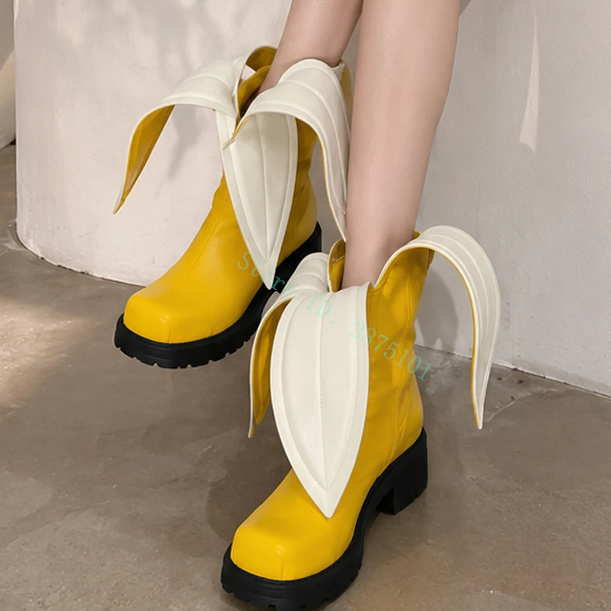 Creative Banana Shape Platform Ankle Boots, Unique Design Women's Mid Calf Boots, Eye-catching Footwear for Party Runway