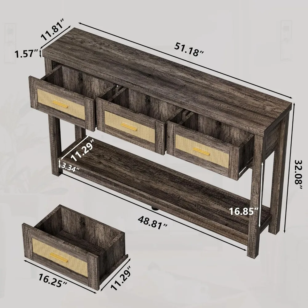 طاولة كونسول ضيقة من طبقتين على الطراز الصناعي مع 3 أدراج ورف تخزين للمدخل والأريكة #3