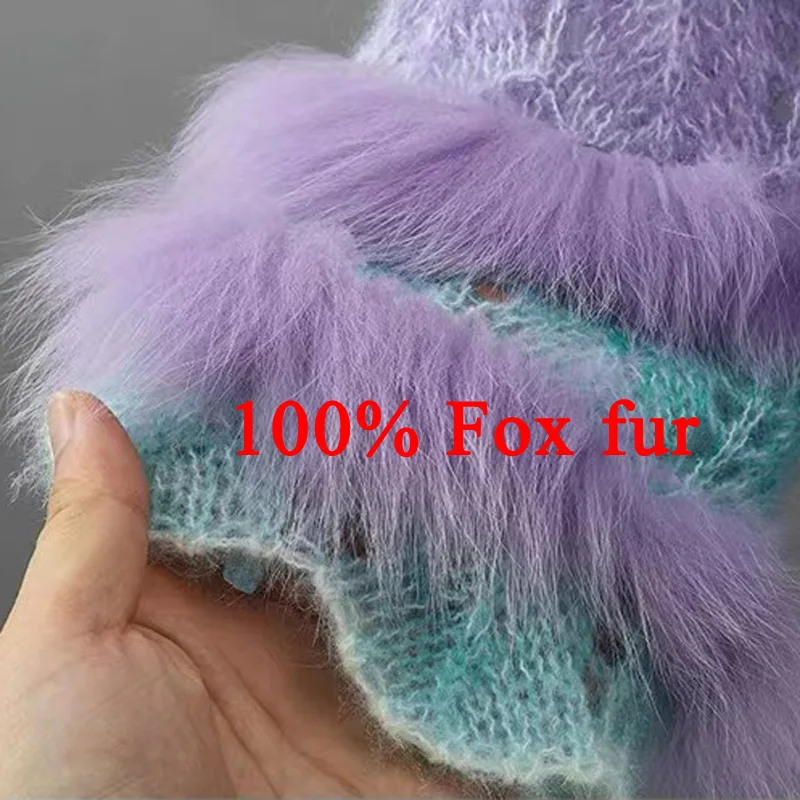 Fox fur Spliced Sweater For Women 2023 Autumn Korean Sweety Fashion Round Neck Loose Gradient Pink Knited Pull Femme Streetwear