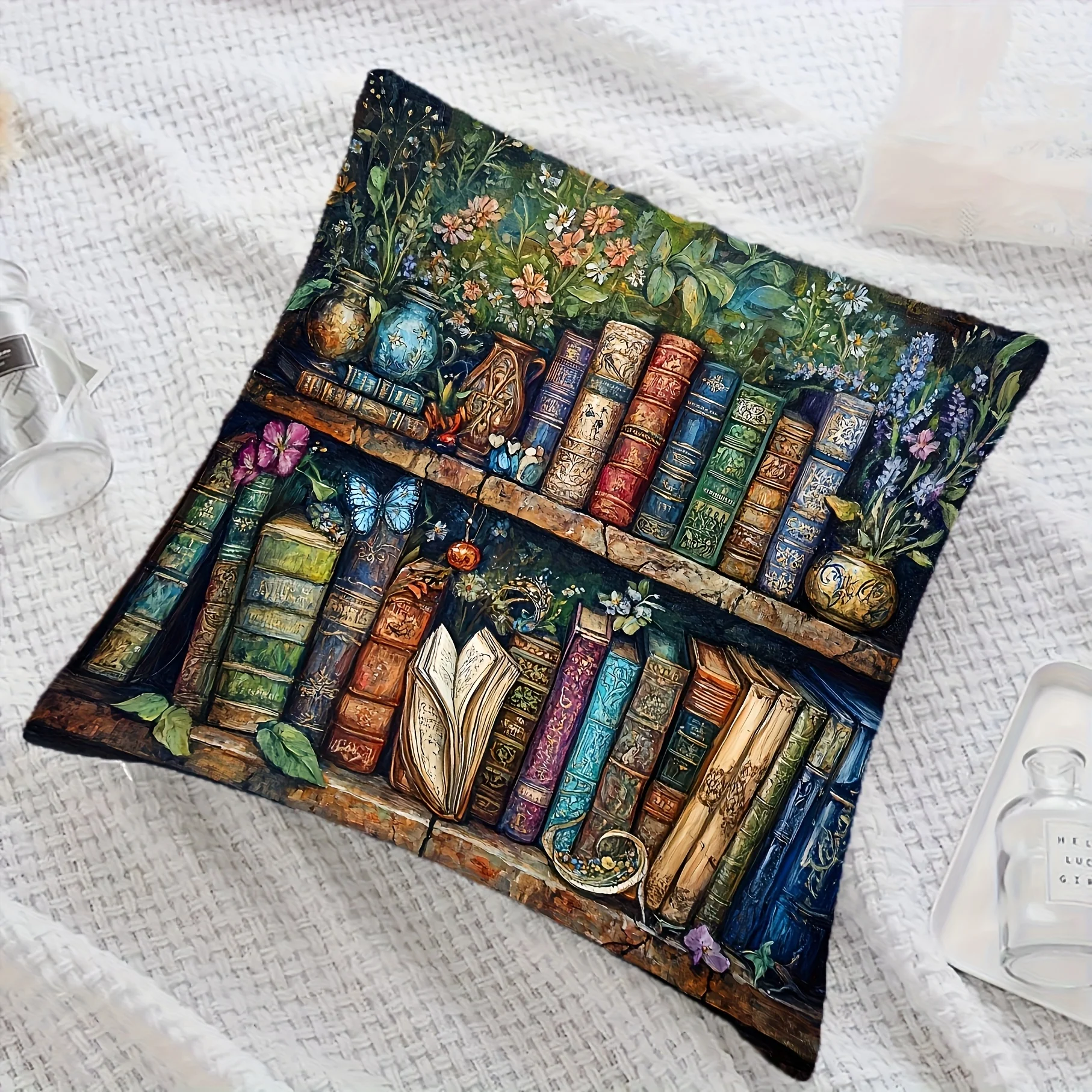 1 Vintage Bookworm Decorative Pillowcase 18x18 Inches - Multicolor Bookshelf Design with Floral and Geometric Patterns, Soft Polyester Velvet, Zipper Closure, Hand Wash Only - Suitable for Living Room, Sofa, Bedroom Decor (Inner Core Not Included)