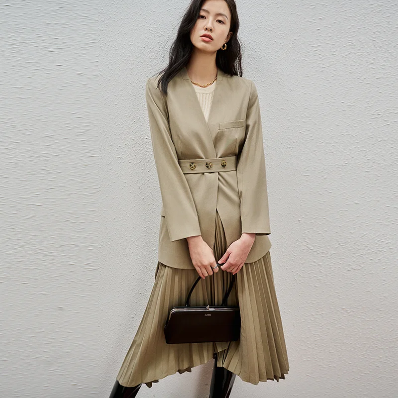 

C Yang Caiyu The same worsted wool collarless suit jacket vest pleated skirt khaki temperament suit