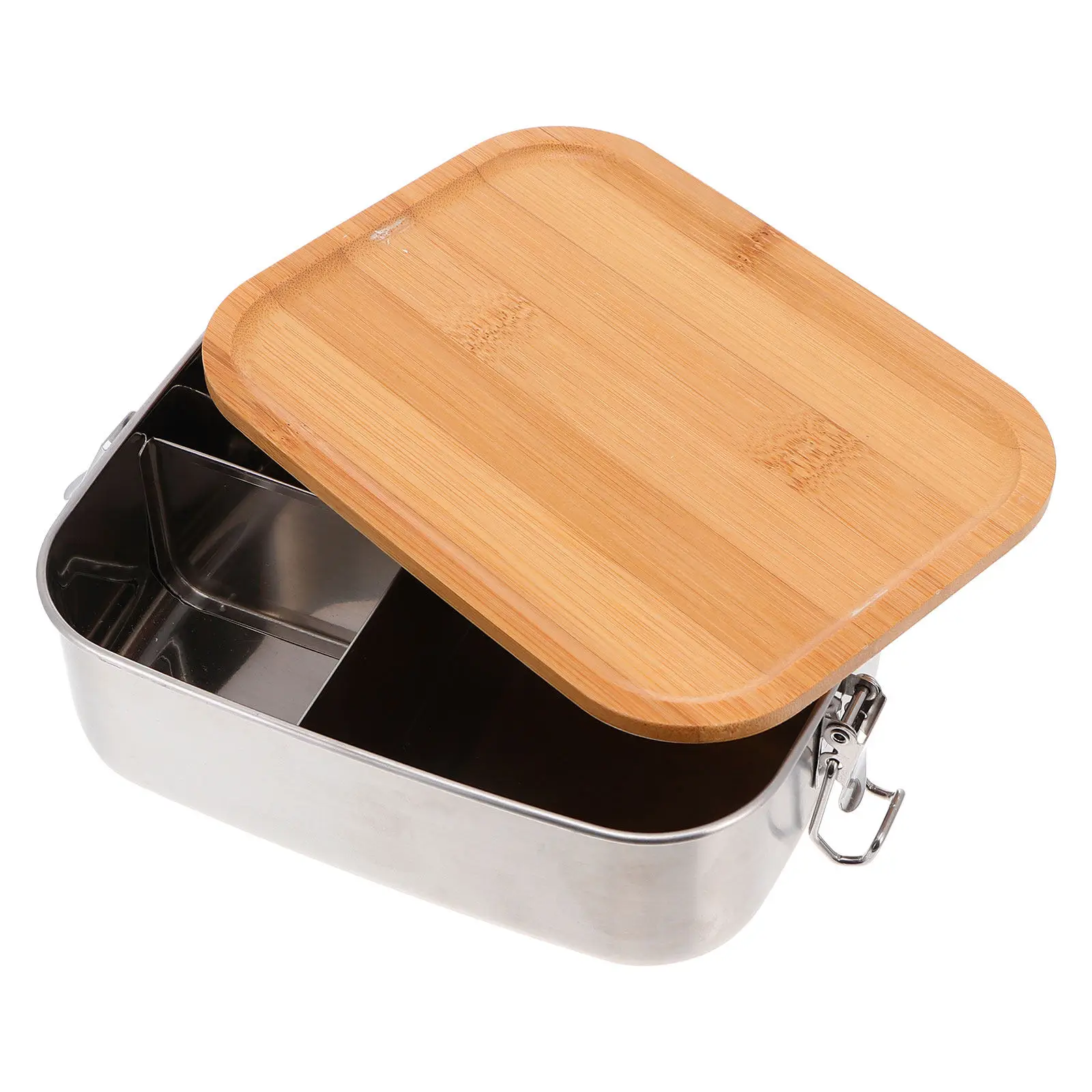 1Pcs Stainless Steel Bento Lunch Box Wood Lid Leakproof Large Capacity Food Container Portable Sealed Carrier for School Work