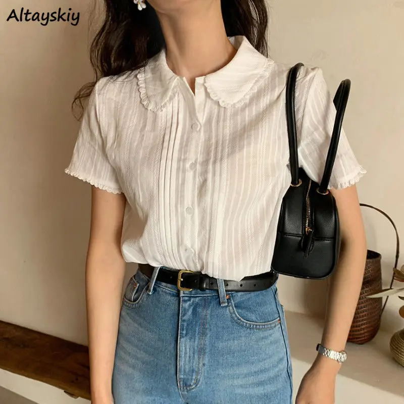 Korean Fashion Summer Shirts Women Sweet Lace Peter Pan Collar Students Kawaii Elegant Temperament Girlish Short Sleeve OL Chic