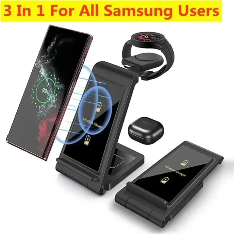 Supporto per caricabatterie wireless 3 in 1 per Samsung S23 Ultra/S22/Note Z Flip Fold per Galaxy Watch 5 4 Active Buds Stazione di ricarica rapida