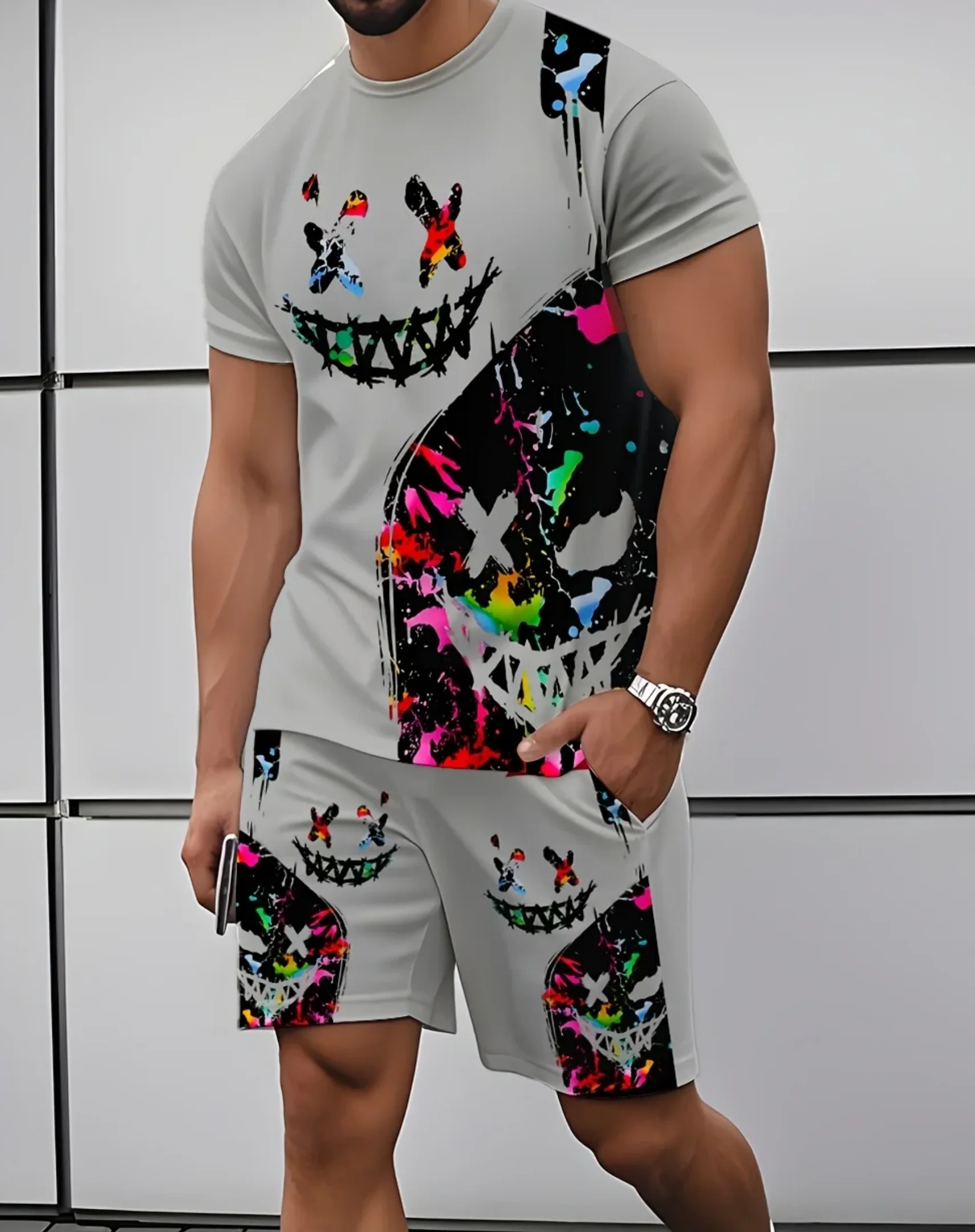 

Забавный 3D принт лица демона, мужская футболка с коротким рукавом, шорты, комплекты из двух предметов, хип-хоп, тренд, Harajuku, уличная одежда, летняя повседневная одежда