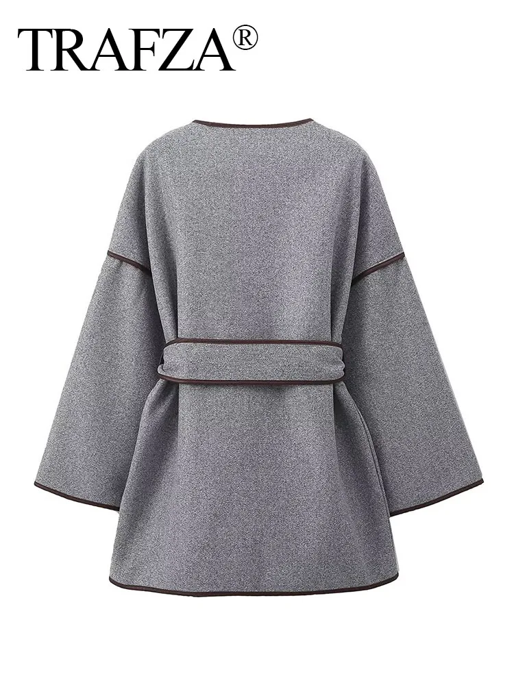 TRAFZA Autumn Woman Grey V-Neck Long Sleeves Casual Loose Coat Women Elegant Belt Pocket Decorate Slim Coat Streetwear Mujer