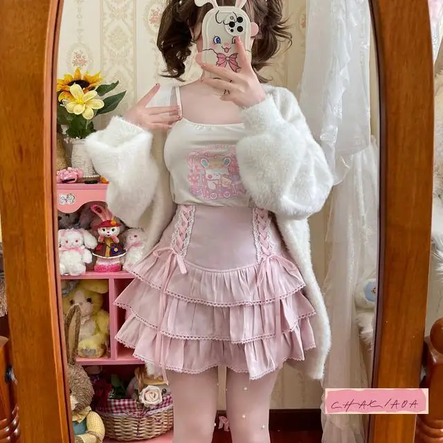 Falda japonesa dulce y suave de Lolita para mujer, falda con cordones en polvo de encaje de viento, falda de pastel en capas con lazo de cintura alta, multicolor