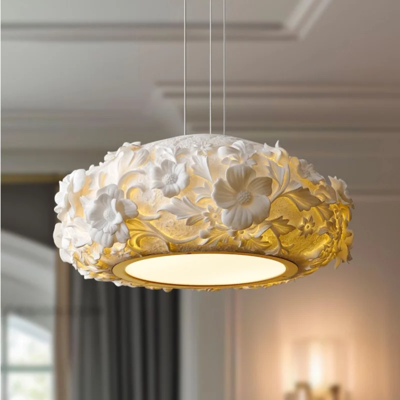 French Cream Style Resin Carved Flower Pendant Light Living Room Bedroom Study High-end Creative Romantic Art Staircase Light