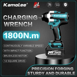 Kamolee 1800 N.M 6000Am 6.0Ah chiave d'urto senza fili ad alta coppia 1/2 pollice chiave elettrica brushless portatile compatibile con la batteria Makita18-21V