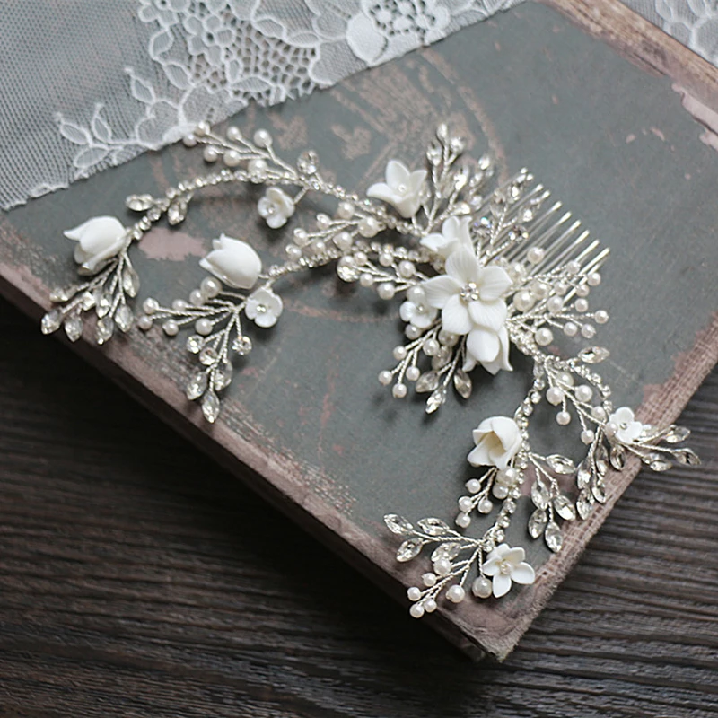 

Delicate Bridal Hair Comb Women Piece Ceramic Floral Girls Hair Clip Accessories Handmade Silver Color Wedding Jewelry