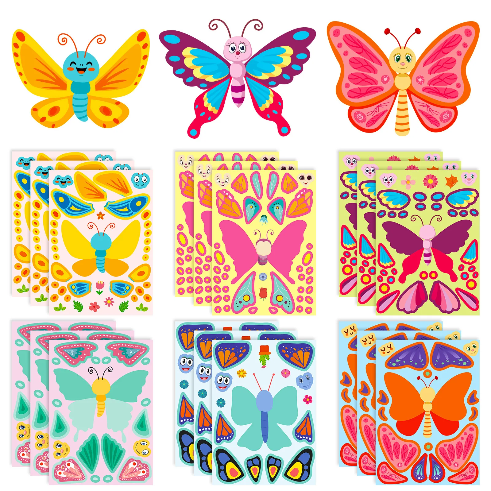 6 arkuszy śliczne dzieci DIY Puzzle naklejki gry 6 motyl zrób twarz śmieszne montuj układanki naklejki zabawki edukacyjne dla dzieci