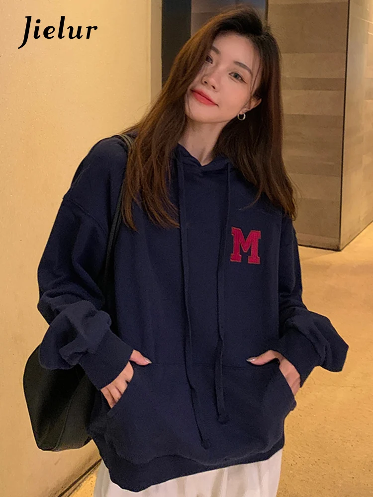 Jielur Korean Letter Embroidery Navy White Hoodies Double Layer Hooded Sweatshirt Orange Thin Pullover Female Tops Autumn M-XL