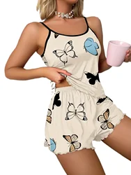 Butterfly Print Pajama Set Lettuce Trim Cami Top  Elastic Waistband Shorts Women  Sleepwear Loungewear