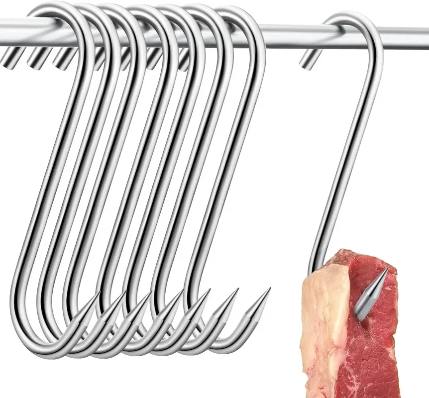 50/10PCS Stainless Steel Sharp Tip S-shaped Hook Butcher's Meat Smoking Butchering Hunting Chicken Pork Sausage Bacon Grill Hook