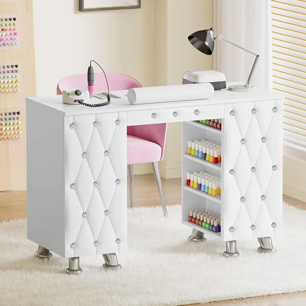 

Acetone-Resistant Nail Workstation with Dust Collector, Wrist Rest, Drawers, and White Leather Pad Accented with Diamonds