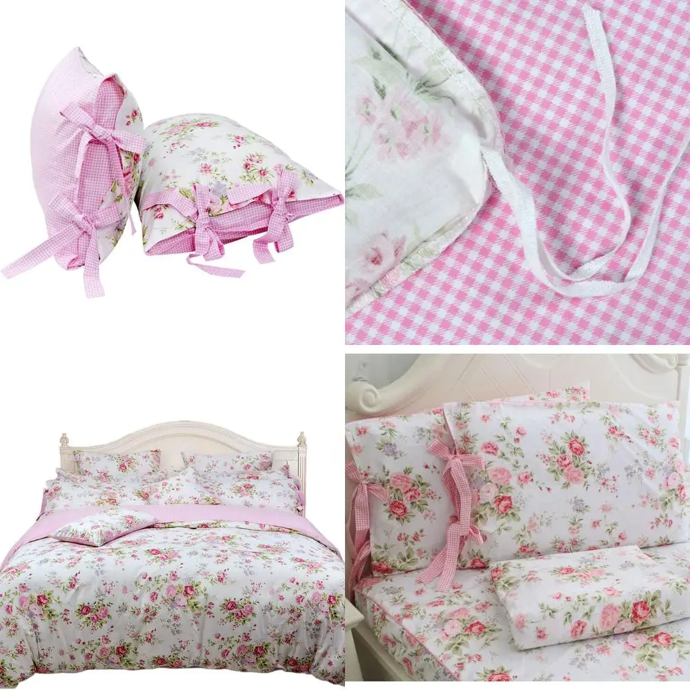 

Full Size Pink Plaid 100% Cotton Shabby Rose Bedding Set, 5-Piece with Duvet Cover, Fitted & Flat Sheets, Pillowcases