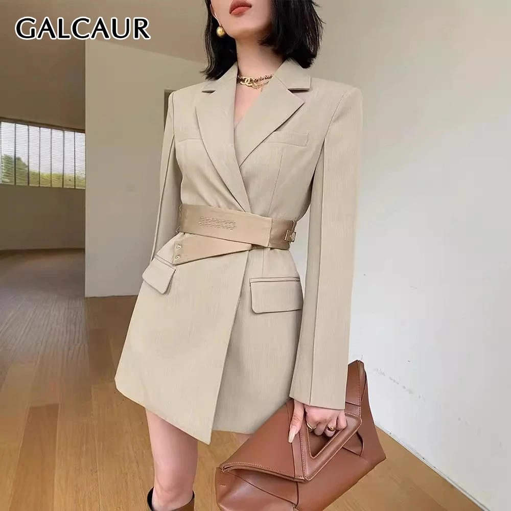 GALCAUR Solid Slimming Spliced Pockets Blazers for Women Notched Long Sleeve Patchwork Belt Fashion Coat Female Temperament New