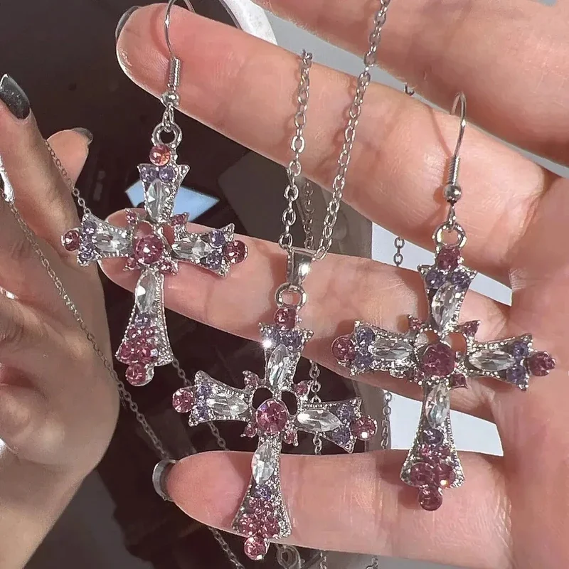 Y2K BlingสีชมพูZircon CROSSจี้สร้อยคอผู้หญิงGothic Love Heart CROSS Charmสร้อยคอChokerเครื่องประดับของขวัญหญิง