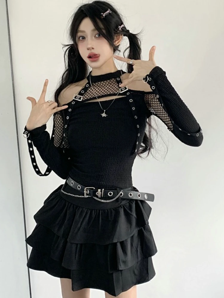Nuovo gotico punk scuro grunge a rete set da 2 pezzi donna design patchwork Y2k top + gonne moda nero vintage streetwear autunno