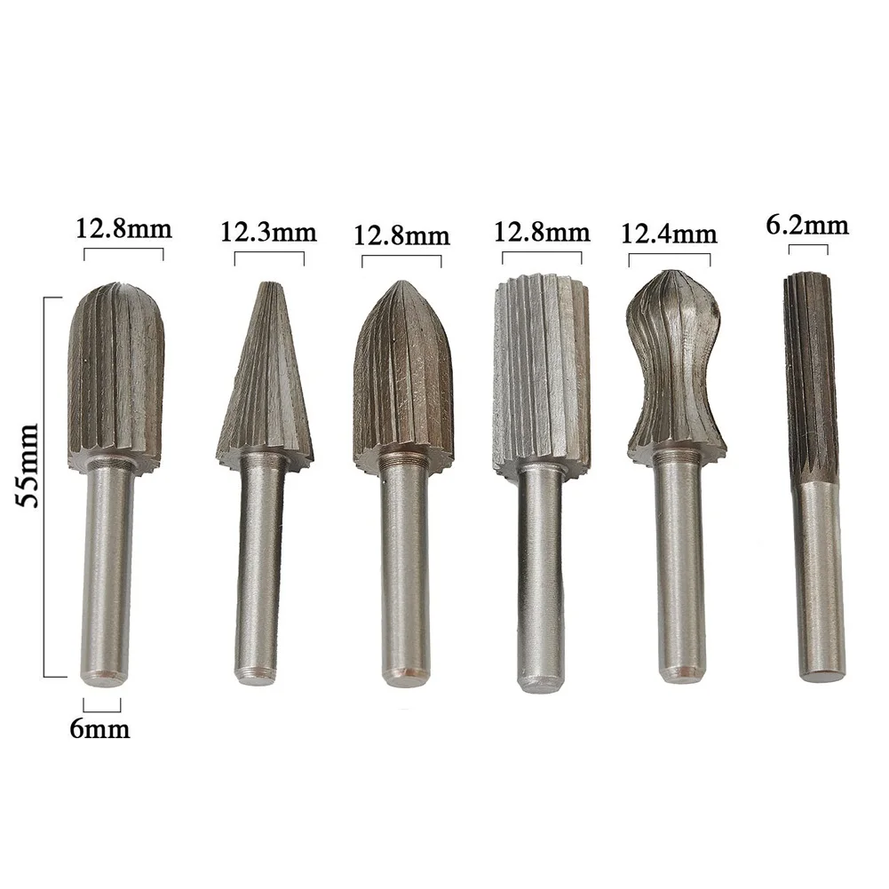 6 pçs/set 6mm haste arquivos rotativos de carboneto de tungstênio rebarbas brocas cnc gravura 6mm ferramenta rotativa cortador para pedra, descascado, jade