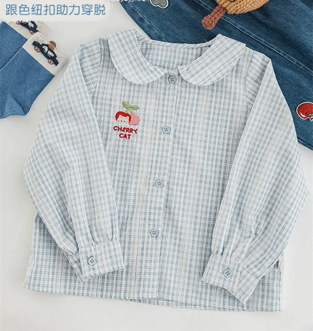 Girls' Autumn Shirt Cartoon pattern embroidery Fresh plaid patterned long sleeved shirt baby girl clothes kids tops