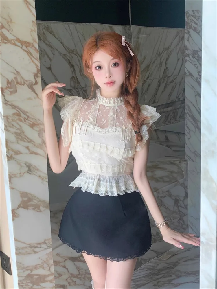 Ezgaga Sweet Elegant Shirts Women Lace Up Ruffles Patchwork Flying Sleeve Sexy Crop Tops Slim Summer Fashion Blouse Casual