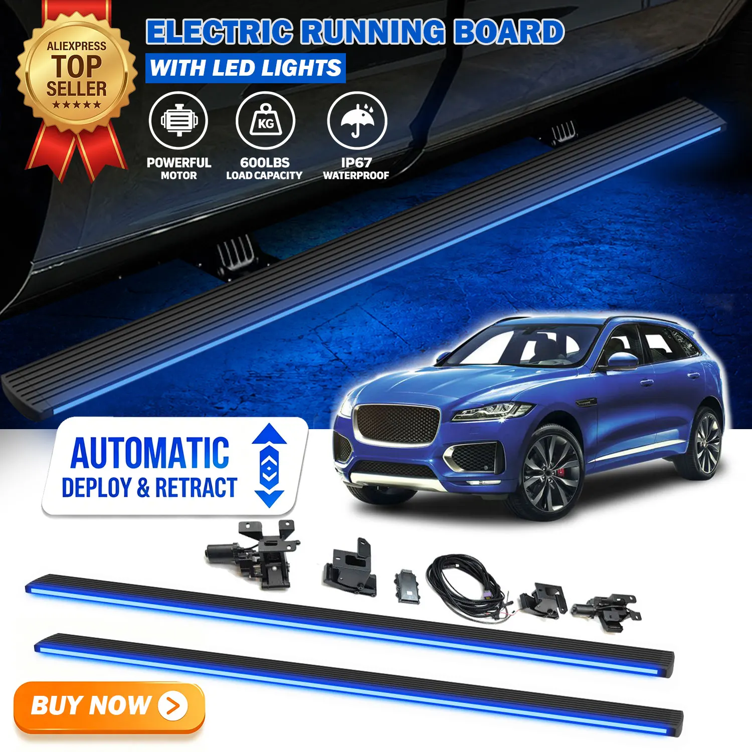 Fits Jaguar F-PACE 2016-2026 Deployable Power Electric Running Boards with LED Light Strips Side Step Nerf Bars