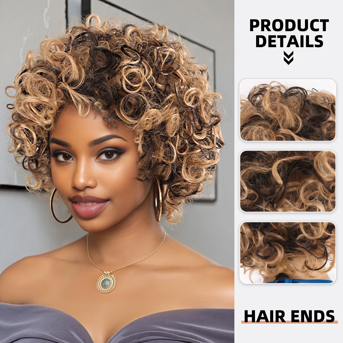 Cross-border European and American Small Roll Synthetic Fiber Wigs, Gradient Women's Fluffy Short Roll Brown Synthetic Fiber Wig