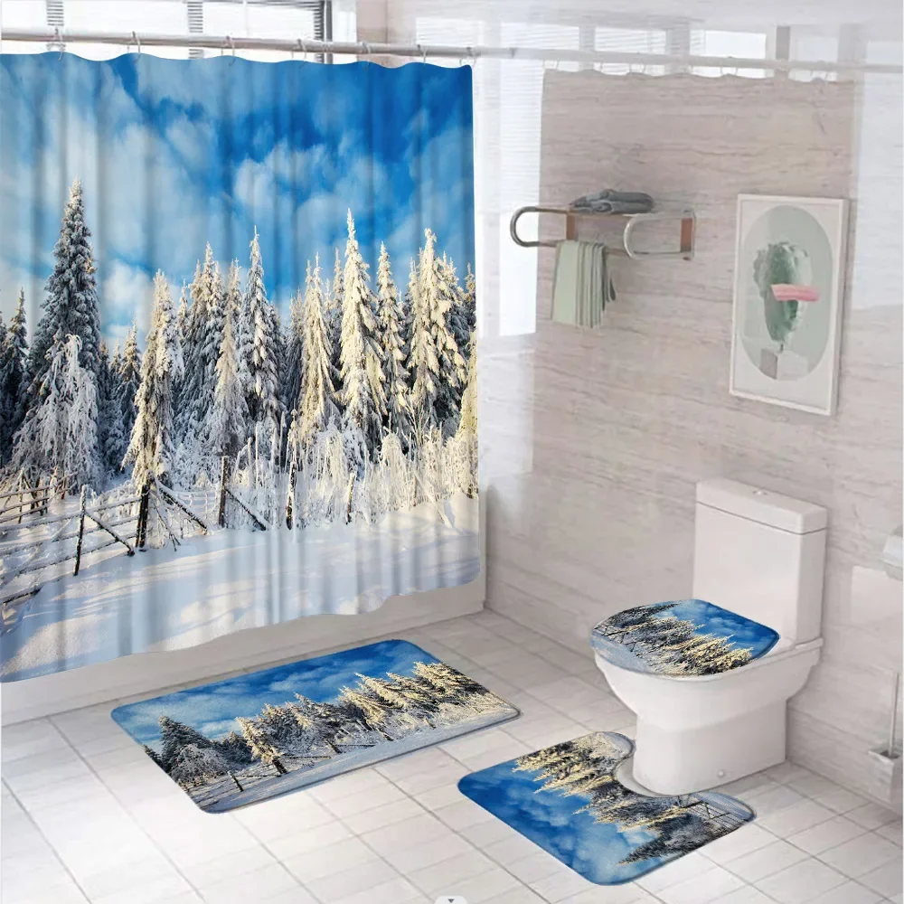 Winter Forest Shower Curtain Set For Bathroom Decor Snowflakes Christmas Pine Tree White Snow Xmas Bath Mat Rug Toilet Lid Cover