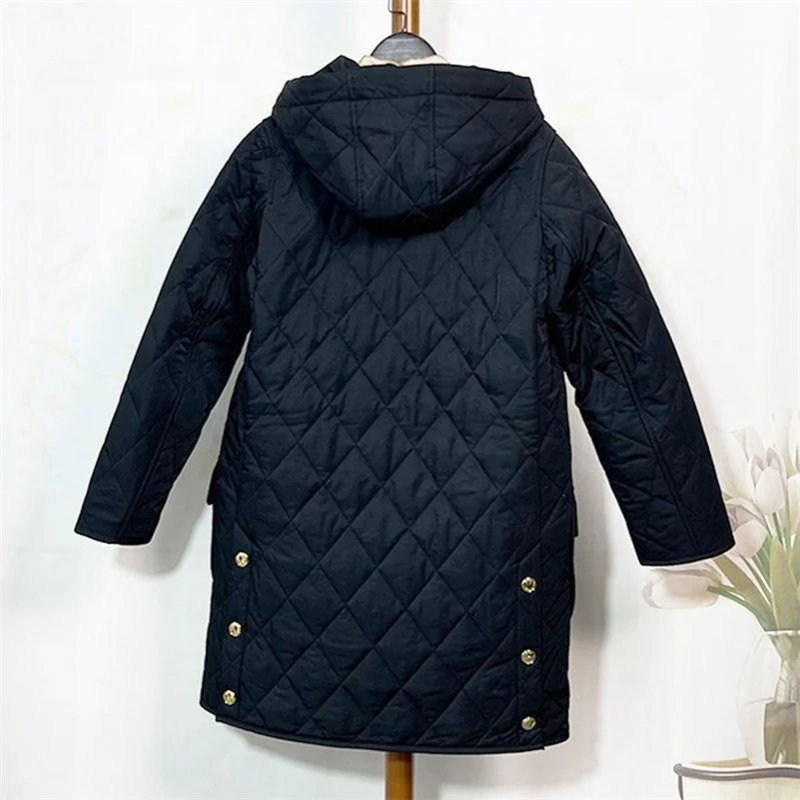 2024 Winter Female New Diamond Grid Retro Western Style Cotton Jacket Women Loose Casual Mid To Long Length Casual Cotton Jacket
