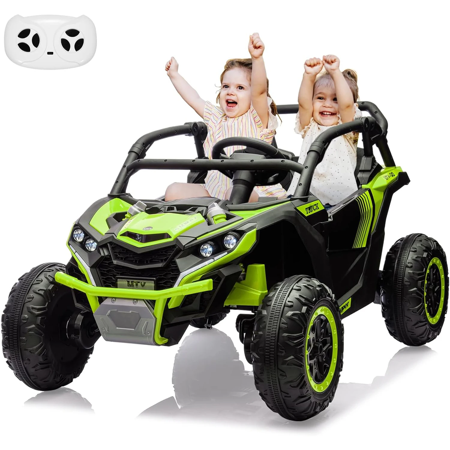 24V 2-zits rit-on UTV kinderen 4WD off-road elektrisch voertuig, afstandsbediening, LED-verlichting, muziek, hoorn, schokdempers, 110 lbs belasting