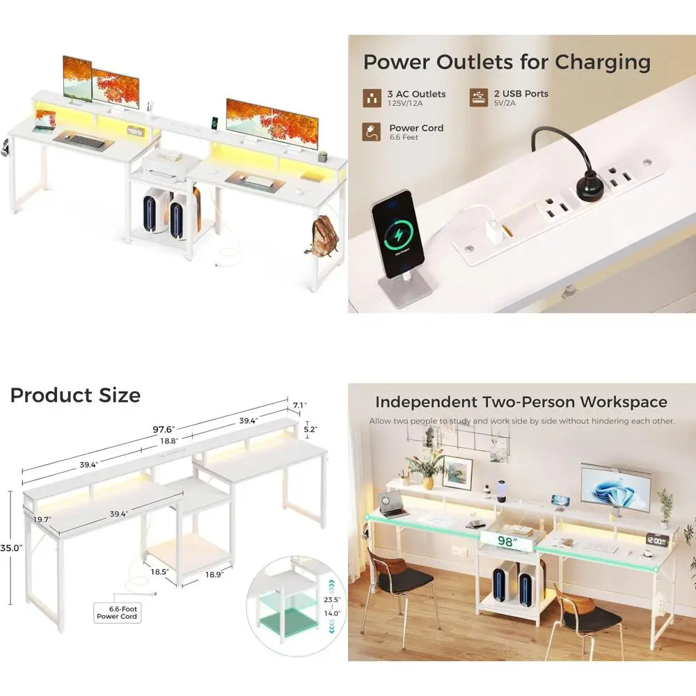 Extra-Large 98 Dual-Person Gaming Desk with Storage and USB Charging for Home Office and Writing