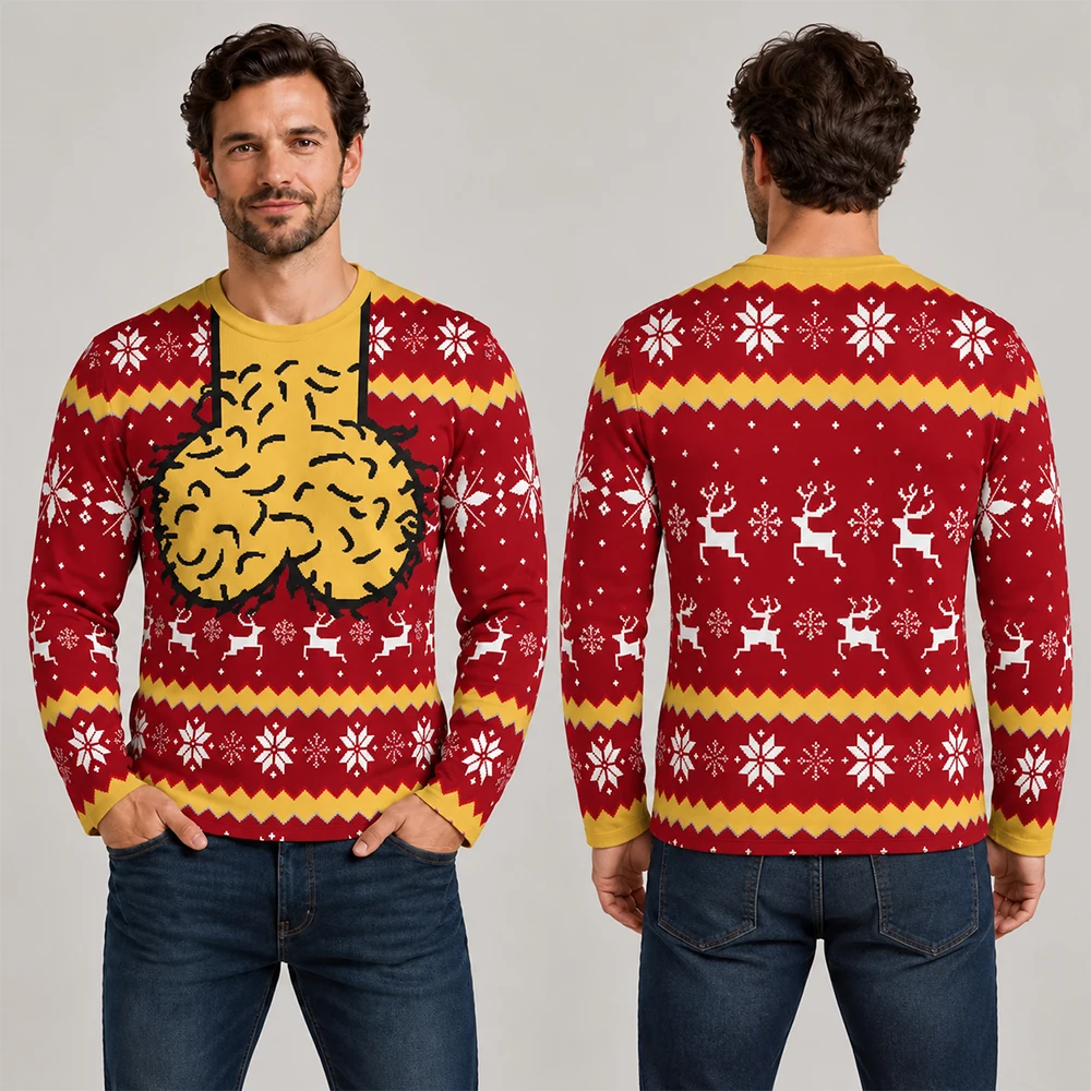 Spoof Christmas men's fun chest hair print round neck long sleeved top party prank funny Christmas ugly costume