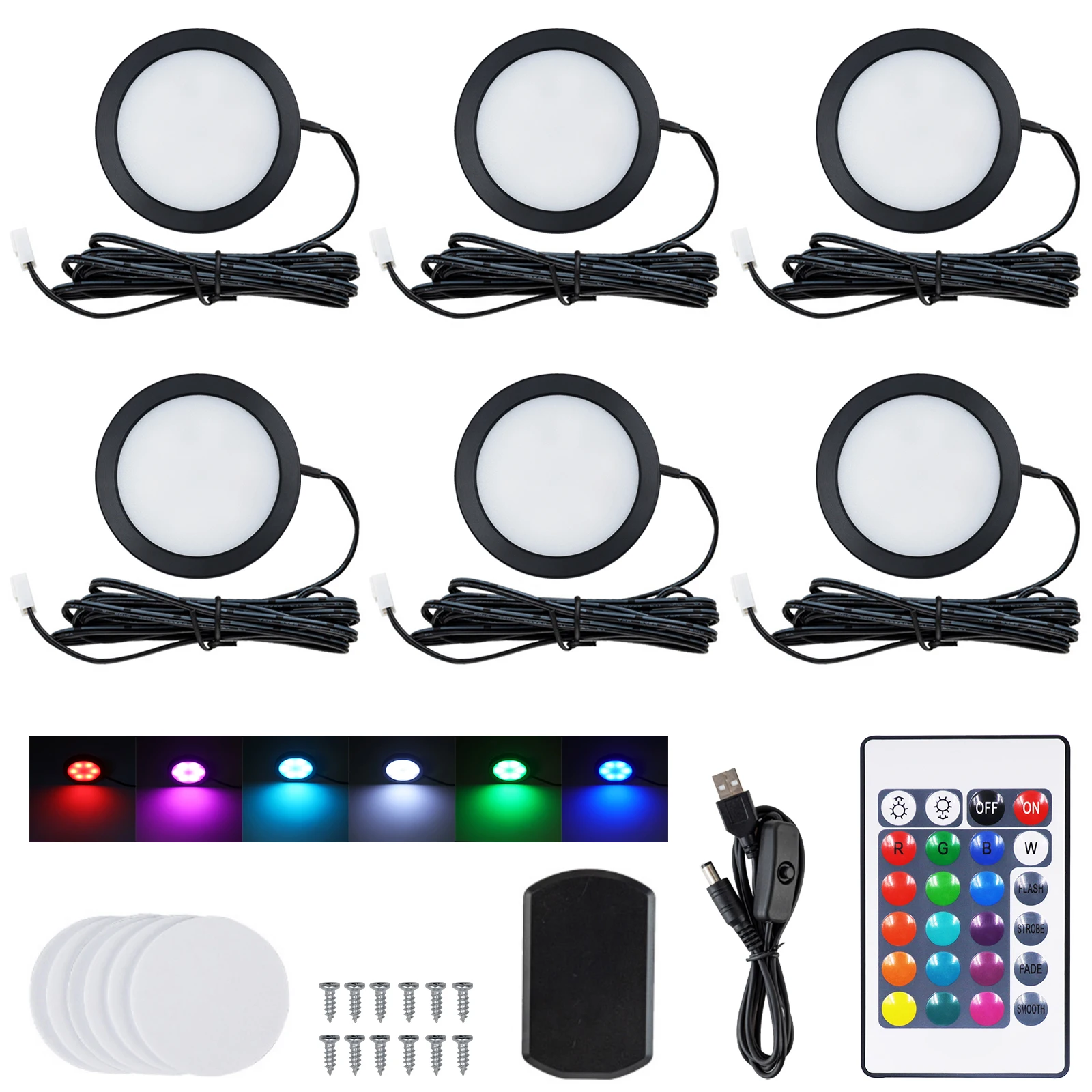5V USB Switch LED Round Under Cabinet Light Kit Remote Control RGB Color Change Dimming for Kitchen Shelf Closet Wardrobe Decor