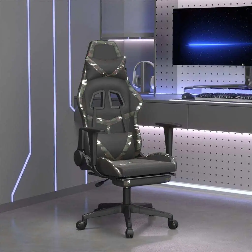 Ergonomic Gaming Chair with Footrest - Black & Camouflage Faux Leather for Comfort