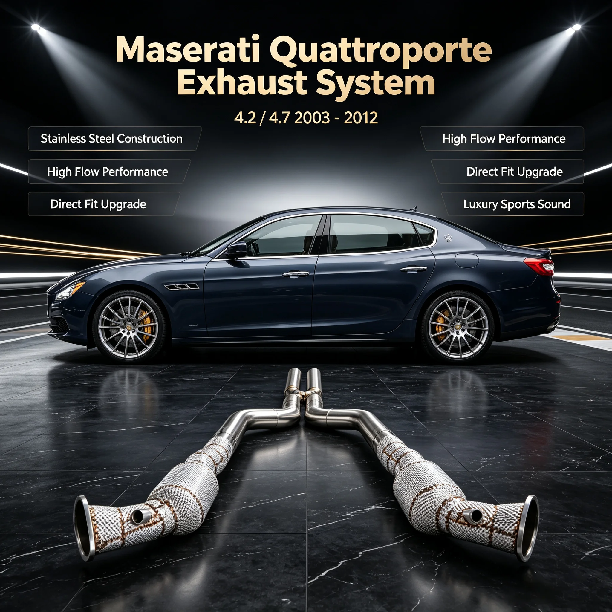 Stainless Steel Exhaust Downpipe With Insulation Protection & X-shaped Middle Pipe For Maserati Quattroporte 4.2 4.7 2003-2012