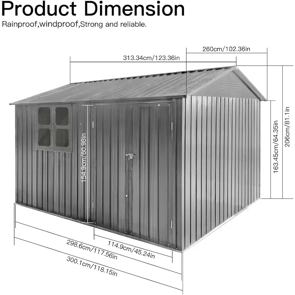 10 X 8FT Outdoor Storage Shed with Window, Padlock & Punched Vents, Metal Shed Storage House, Hinged Lockable Door