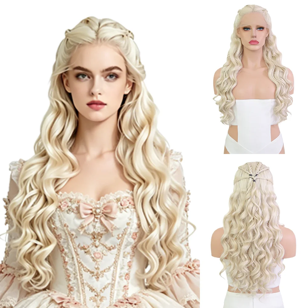 Daenerys Khaleesi Cosplay Wig 13x4 HD Lace Front Wig Light Platinum Blonde Long Wavy Braided Synthetic Hair Glueless For Women