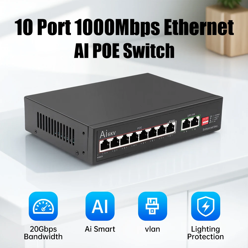 

Гигабитный Ethernet-коммутатор FENVI, 10 портов, 1000 м, 8*1000 м, порты PoE + 2 порта Uplink 1000 м, IEEE 802.3AT/AF/BT для Wi-Fi-маршрутизатора