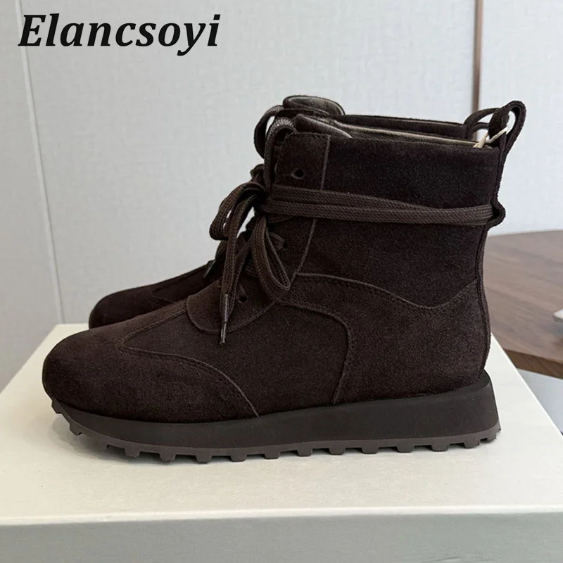 Ankle Botas Women's Suede String Bead Round Toe Lace Up Casual Boots Autumn Winter Thick Bottom Anti-slip Short Boots 2026